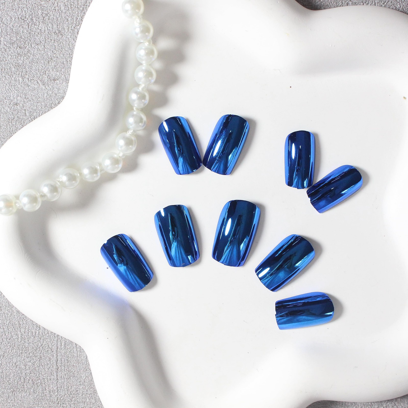 Mirror Metal Royal Blue Press on Nails Medium Short Square Square Royal Blue