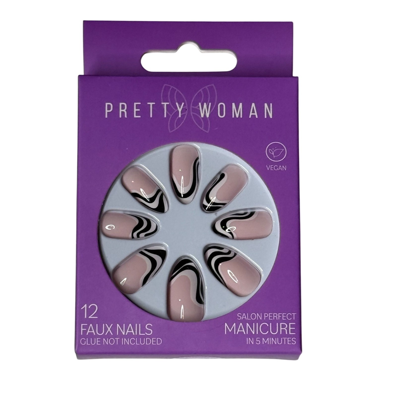 Pretty Woman Faux Nails Pink Black Swirl 12pc Press On Nails Vegan