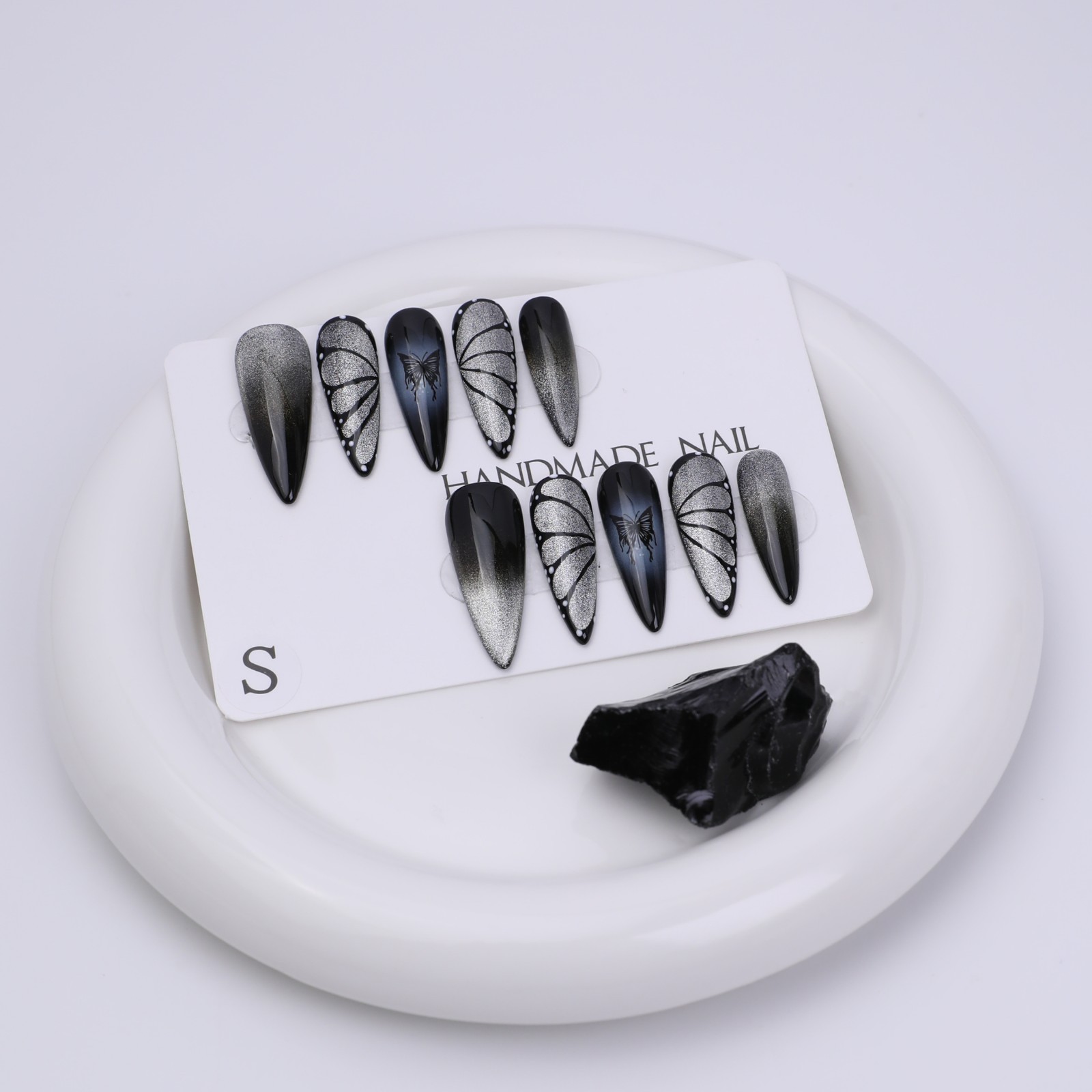 Press On Nails Long Stiletto Black Silver Butterfly Wing Glitter Gothic Nail Set