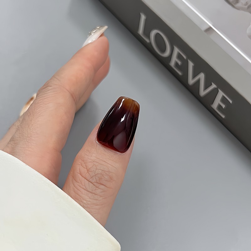 Brown Red Medium Press-on Nails Crystal Diamond Nails Nail Tips Stick on Nails