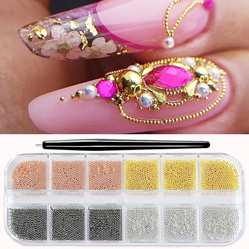 12Grids Mini Caviar Beads Nail Art Decorations Metal Gold/Silver Micro Ball Nail