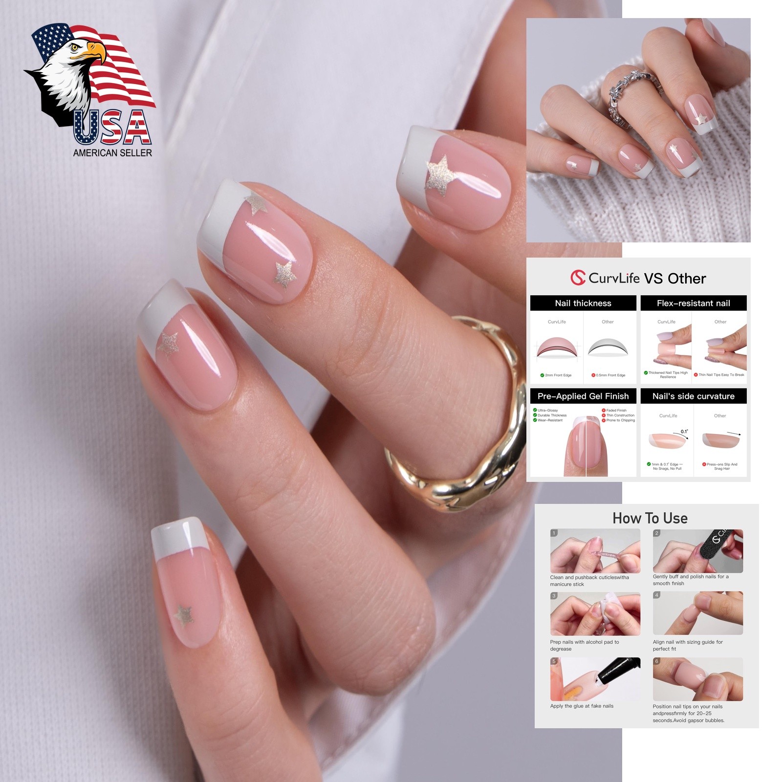 CurvLife Star French Square Press On Nails