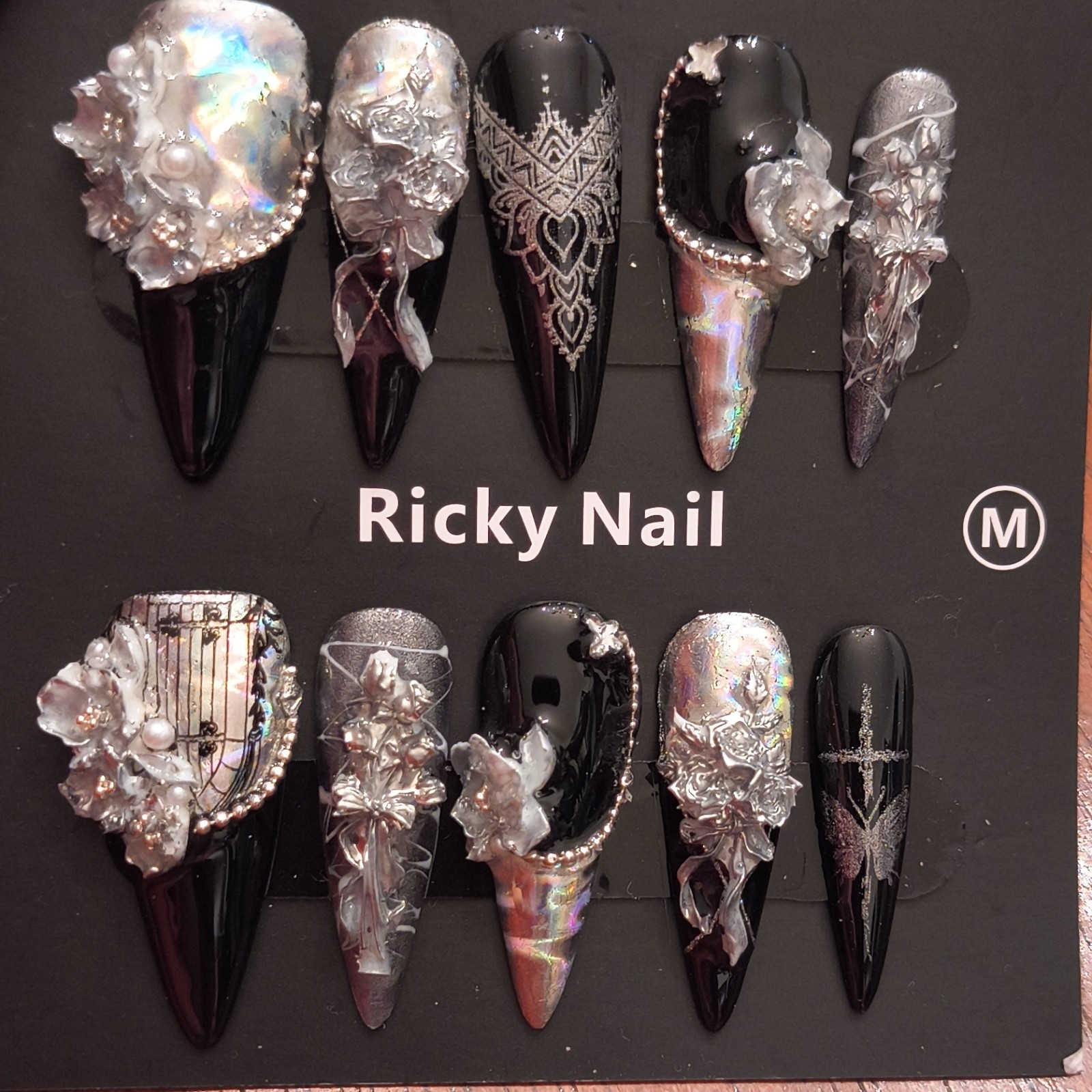 Ricky Nail Press-On Nails Black/Silver 3D Floral Long Stiletto Medium