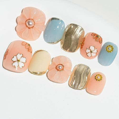 Handmade Press-Onhort Round with Blue Pink Color Flower Design Charm #100 S