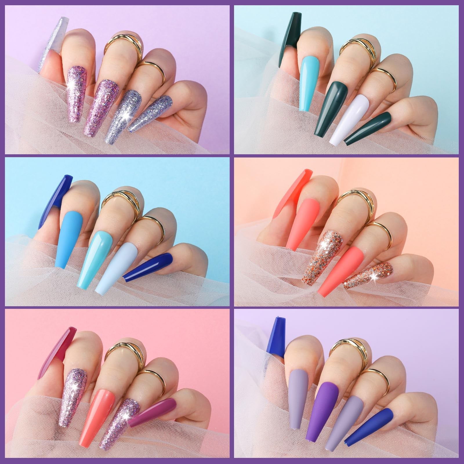 Long Fake Nails Kit – 10 Colors Matte & Glossy, 4 Glitter Press On Nails