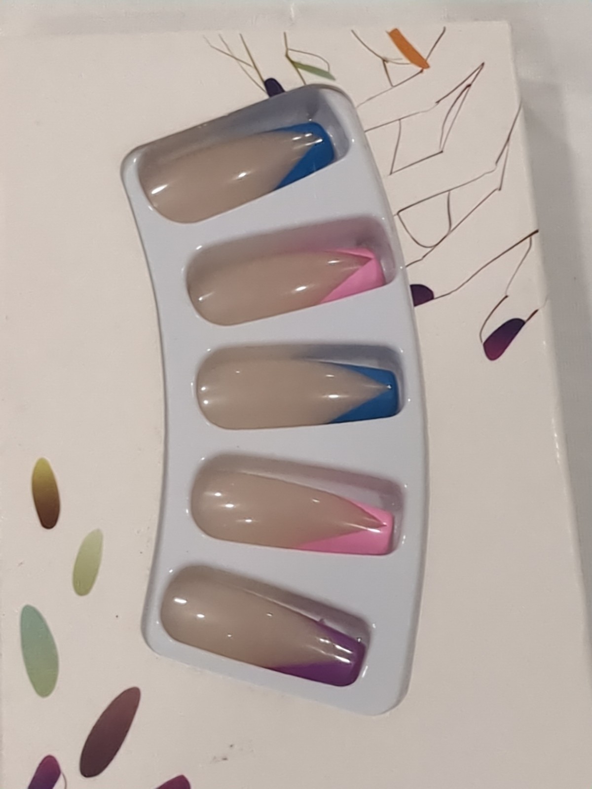 24Pcs False Nails Colorful French Manicure Full Cover Long Coffin – 2 Kits- New