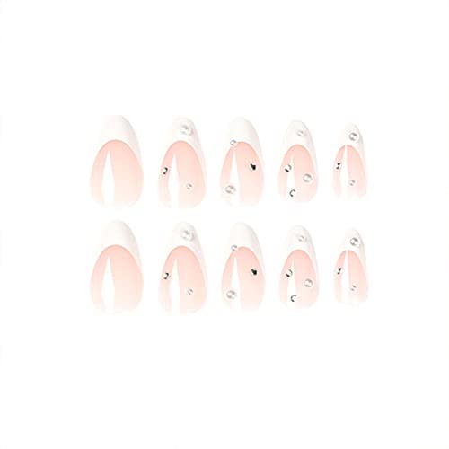 French Tips Press on Nails Almond Shaped White Fake Nails with Nude White-B01