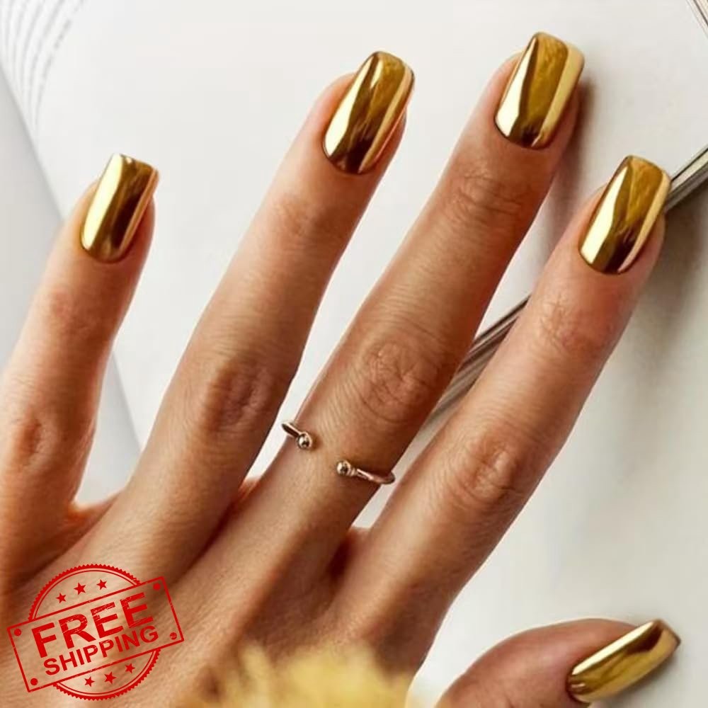 Gold Chrome Press on Nails Short Square Mirror Acrylic False Nails 24pc
