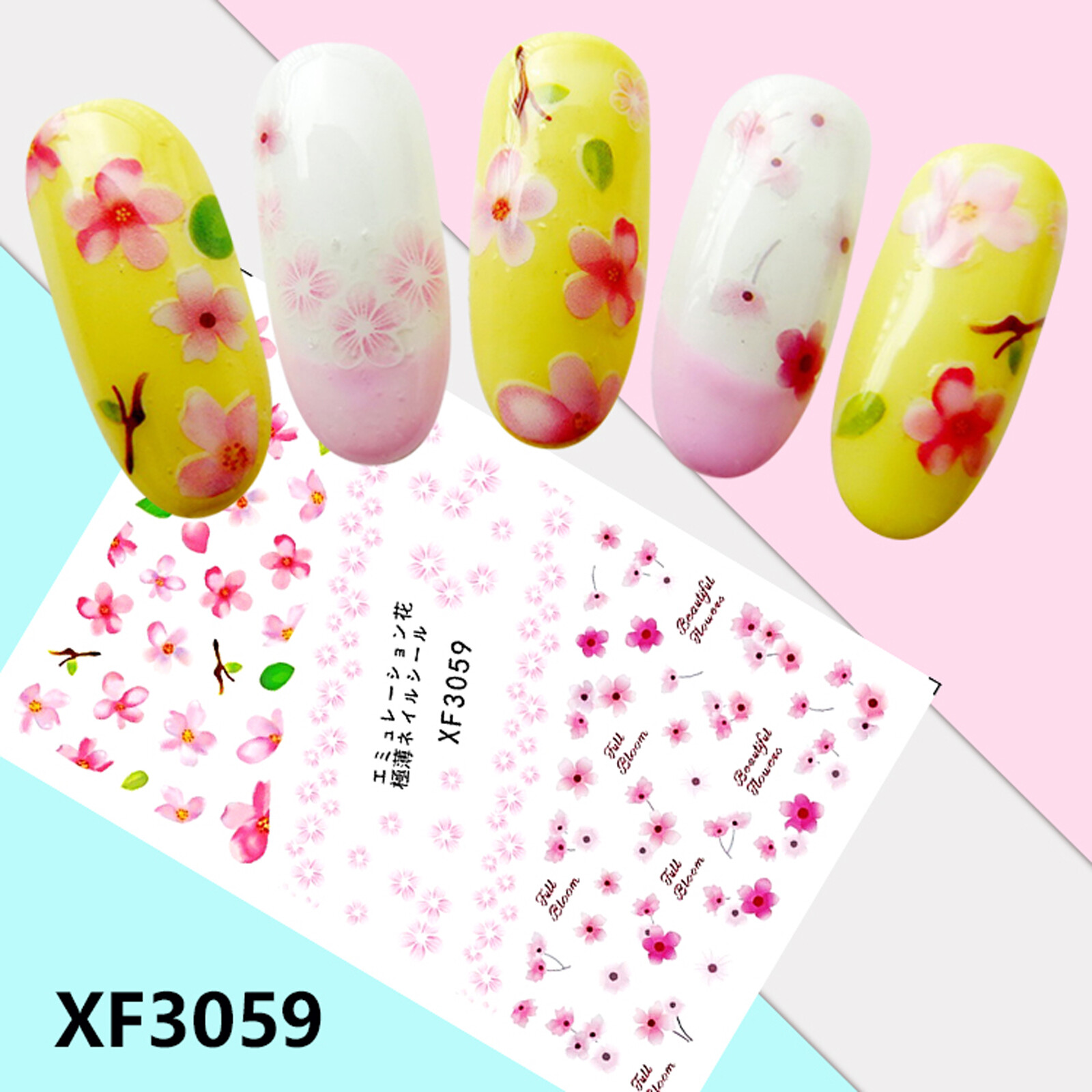 Nail Art 3D Decal Stickers beautiful pink bloom sakura green leaf XF3059
