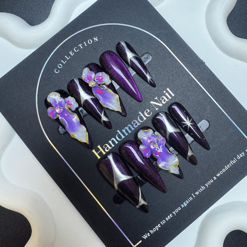 Dark Purple Iris Handmade Press on Nails Glitter 3D Flower Gothic Fake Nails