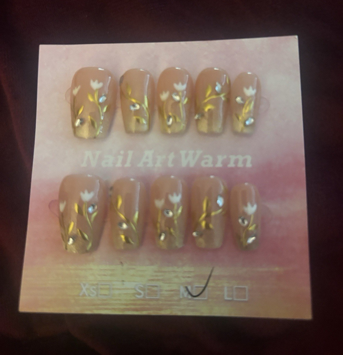Nail Art Warm Press-On Nails Set Beige/Gold 3D Flowers Medium Square