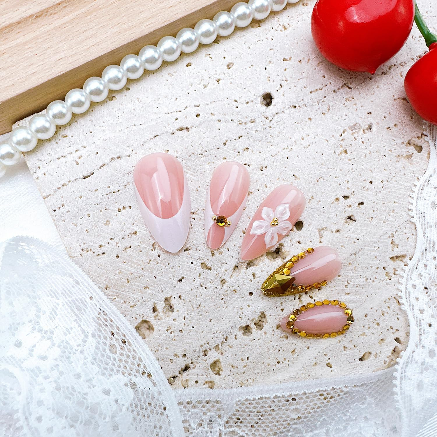 24Pcs French Tip Press on Nails Medium Almond Fake Nails with 3D Flower Gold Rhi