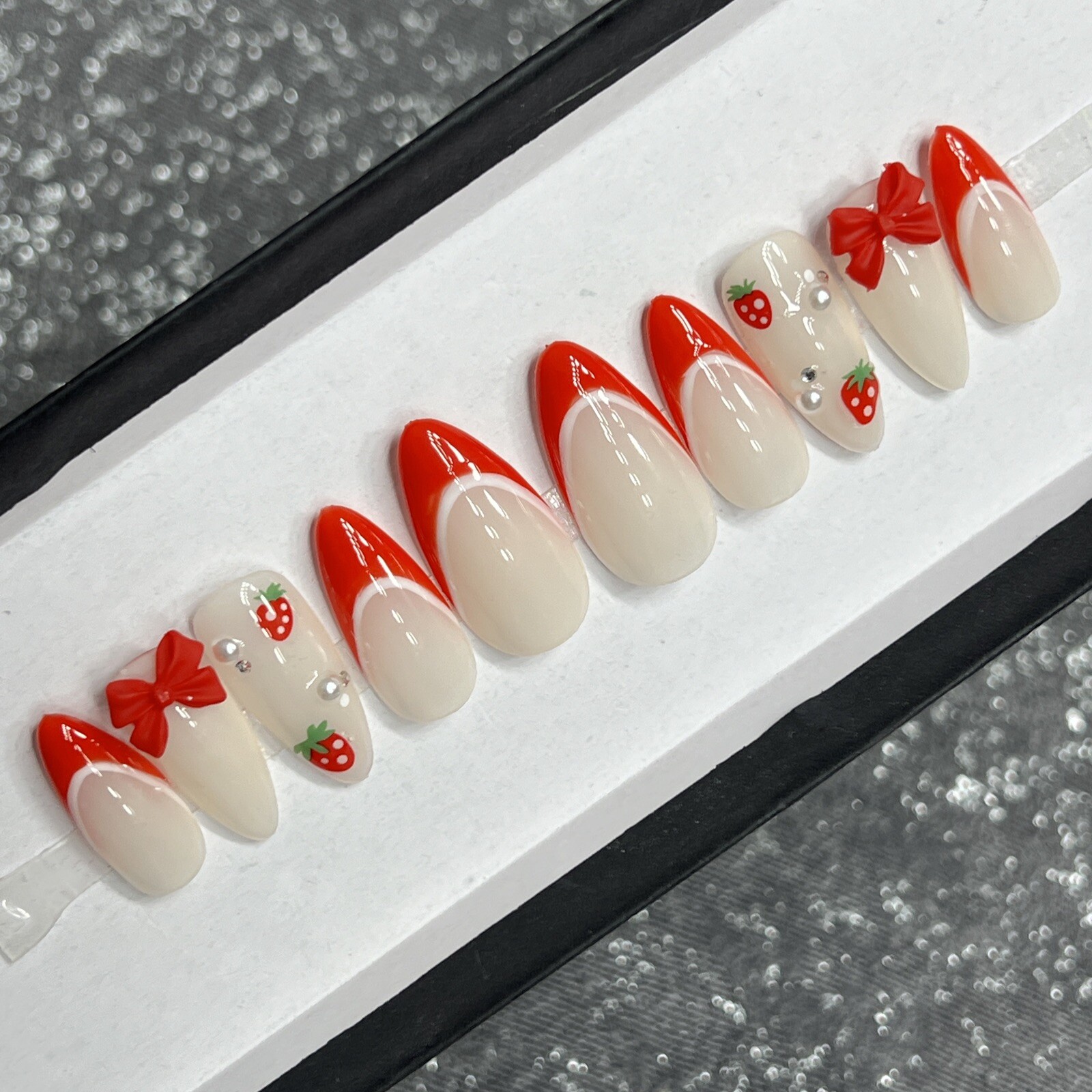 🍓 CUSTOM Hard Gel Press On False Nails, Strawberry 10p Set Medium Almond W Kit