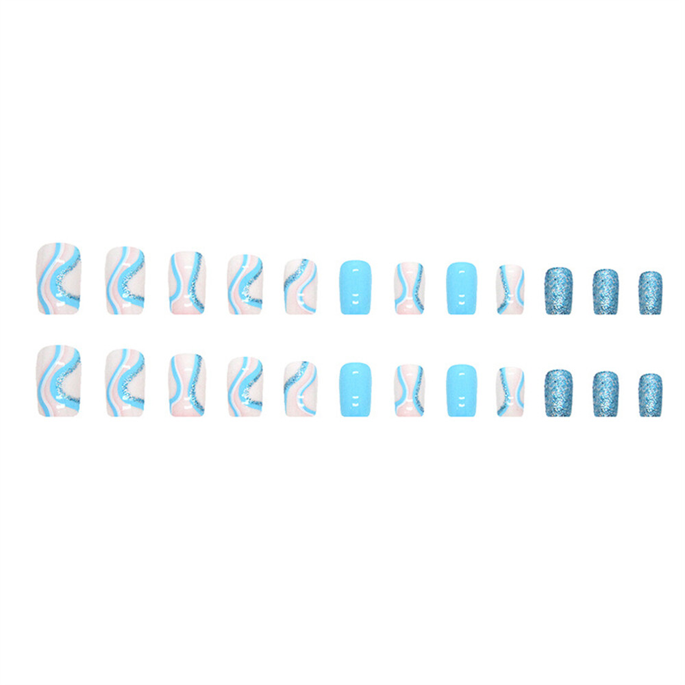 Blue Waves Winter False Nail Short Square Press on Nails for Nail Art 24pcs