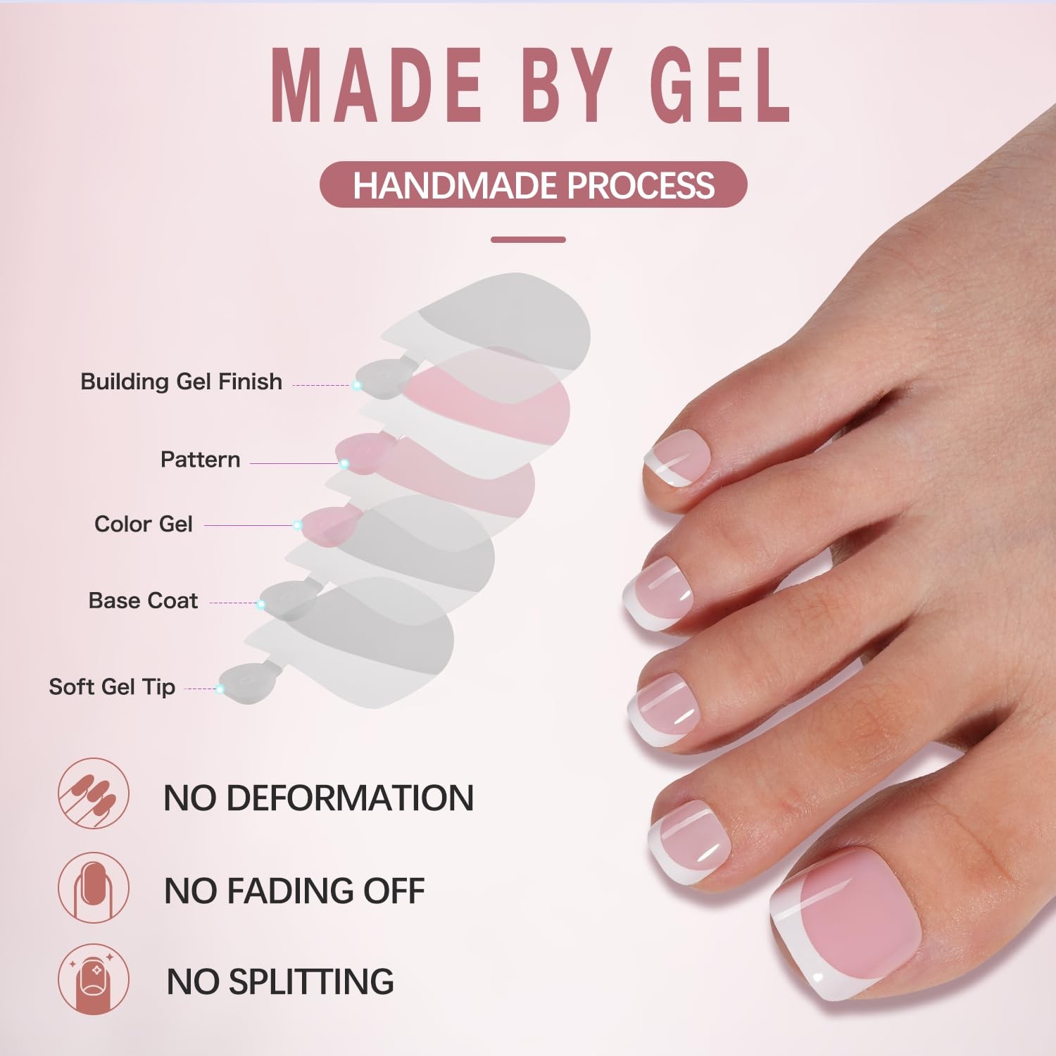 French Toe Nail Tips Press on Nails, Soft Gel Fake Toenail Pink