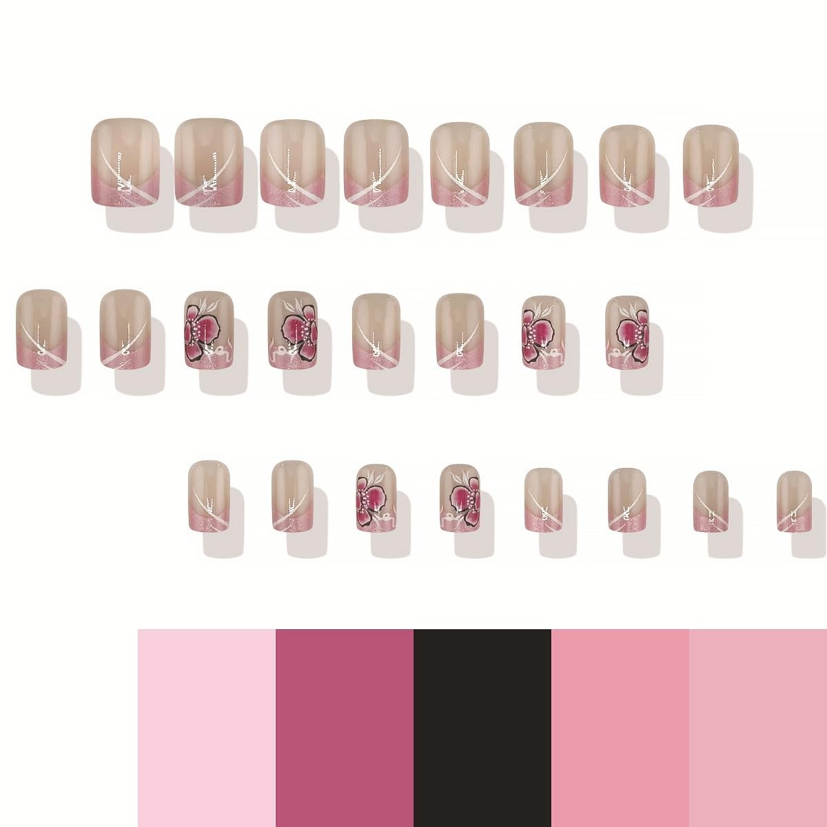 24Pcs French Tip Press on Nails Short Square Flower Fake Nails Pink False Nai…