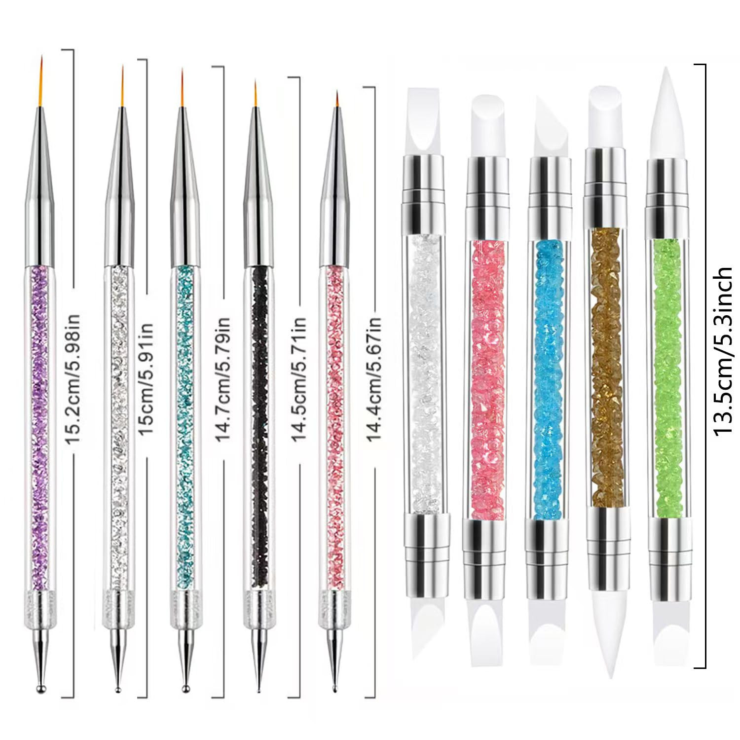 10Pcs Double Ended Nail Art Tool Set, Rhinestone Handle Nail Brushes with Ultra