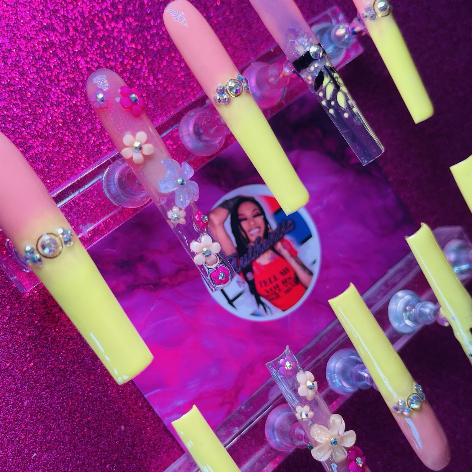 Authentic Nail Arts by Dia Square Press-On Nails Pink Yellow Flowers Shiny Long