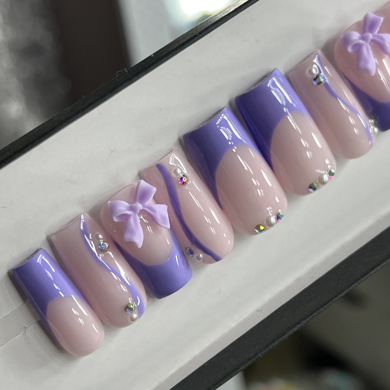 💜 CUSTOM Press On Nails FRENCH PURPLE W BOW PEARLS BLING 10p SET W Kit