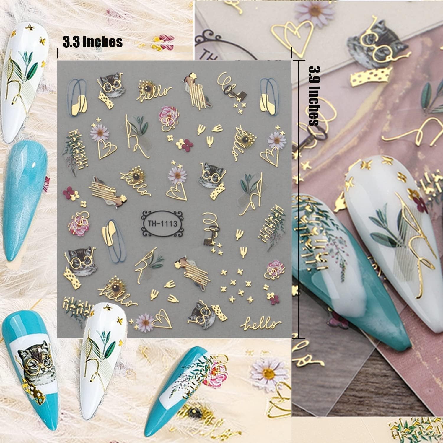 Chic 12 Sheet Nail Decals with Gold Stripe & Floral Patterns – DIY Decoration