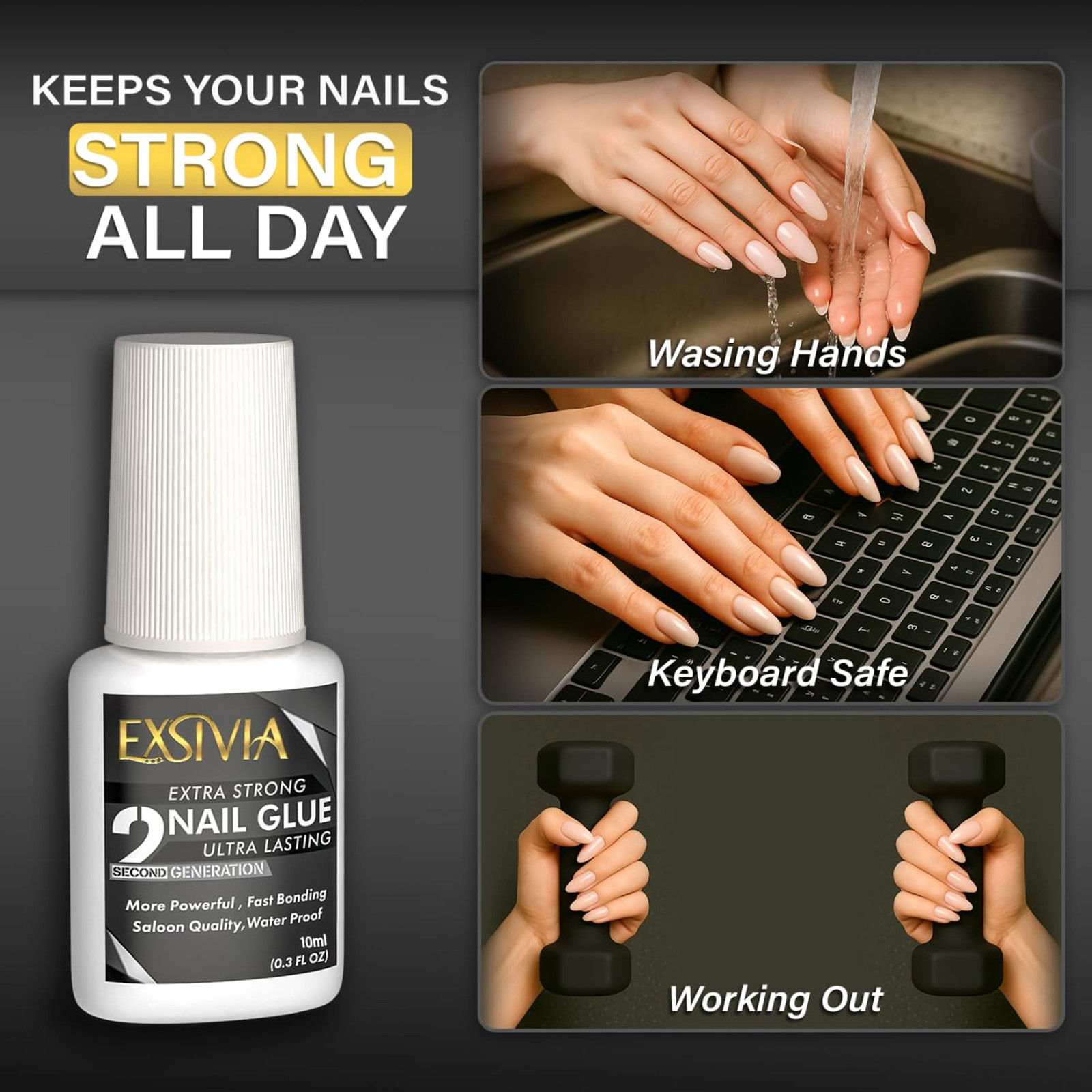 Super Strong Nail Glue 10ml with Acetone-Free Remover 50ml Press-On Kit Long