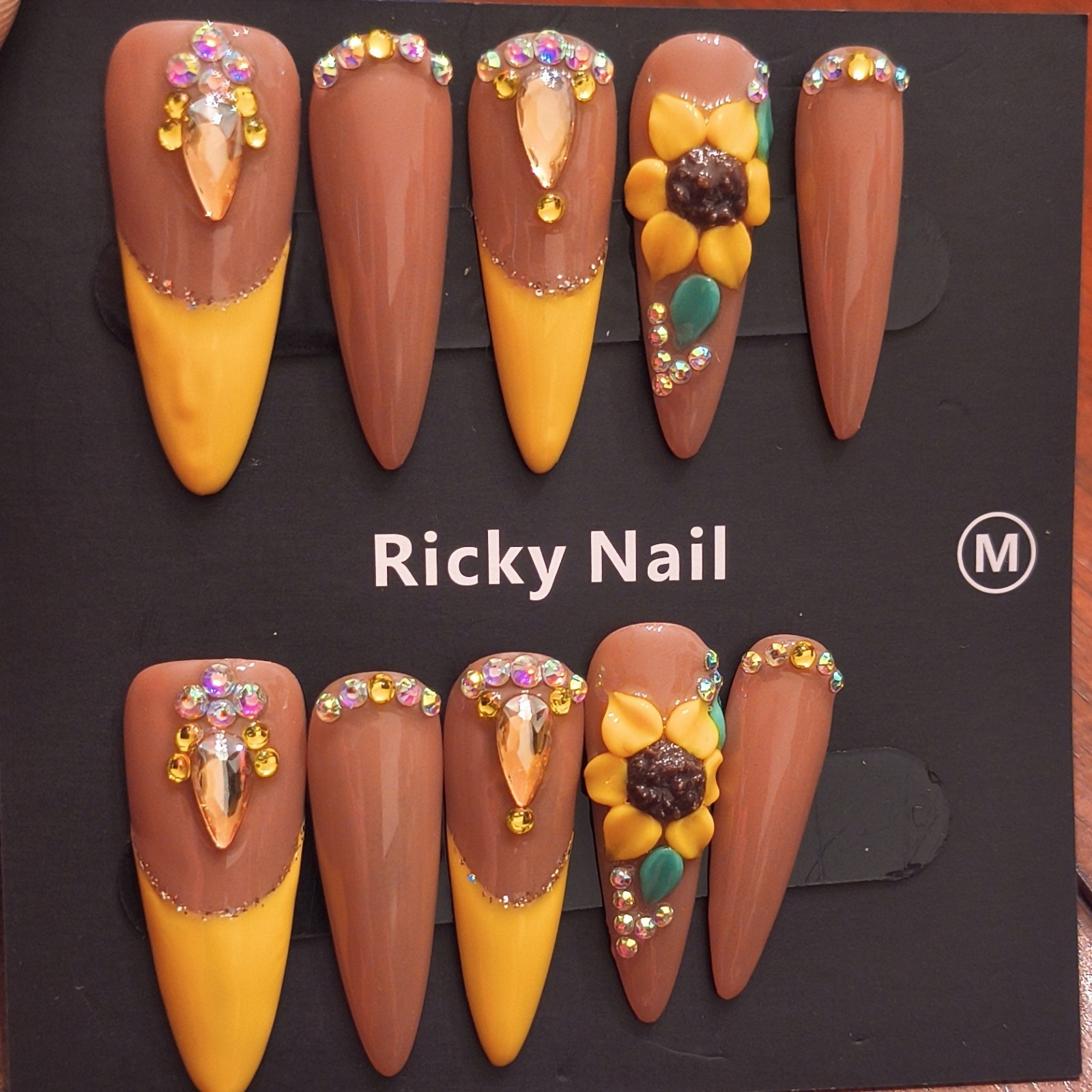Ricky Nail Press-On Nails Long Coffin Yellow 3D Shiny Full Cover Flower Medium