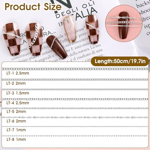8 Strips Metal Chain Nail Art Charms – Silver Jewelry Chains 3D Decorations