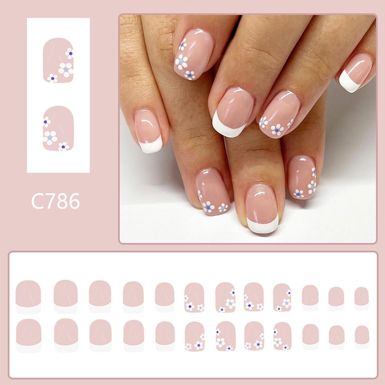 White French Tip Press on Nails Short Square Fake Nails White Flowers False N…