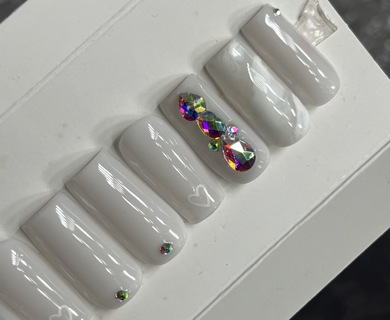 🔥 CUSTOM Gel Press On Nails, MILKY WHITE HEART W BLING 10p FULL SET W Kit