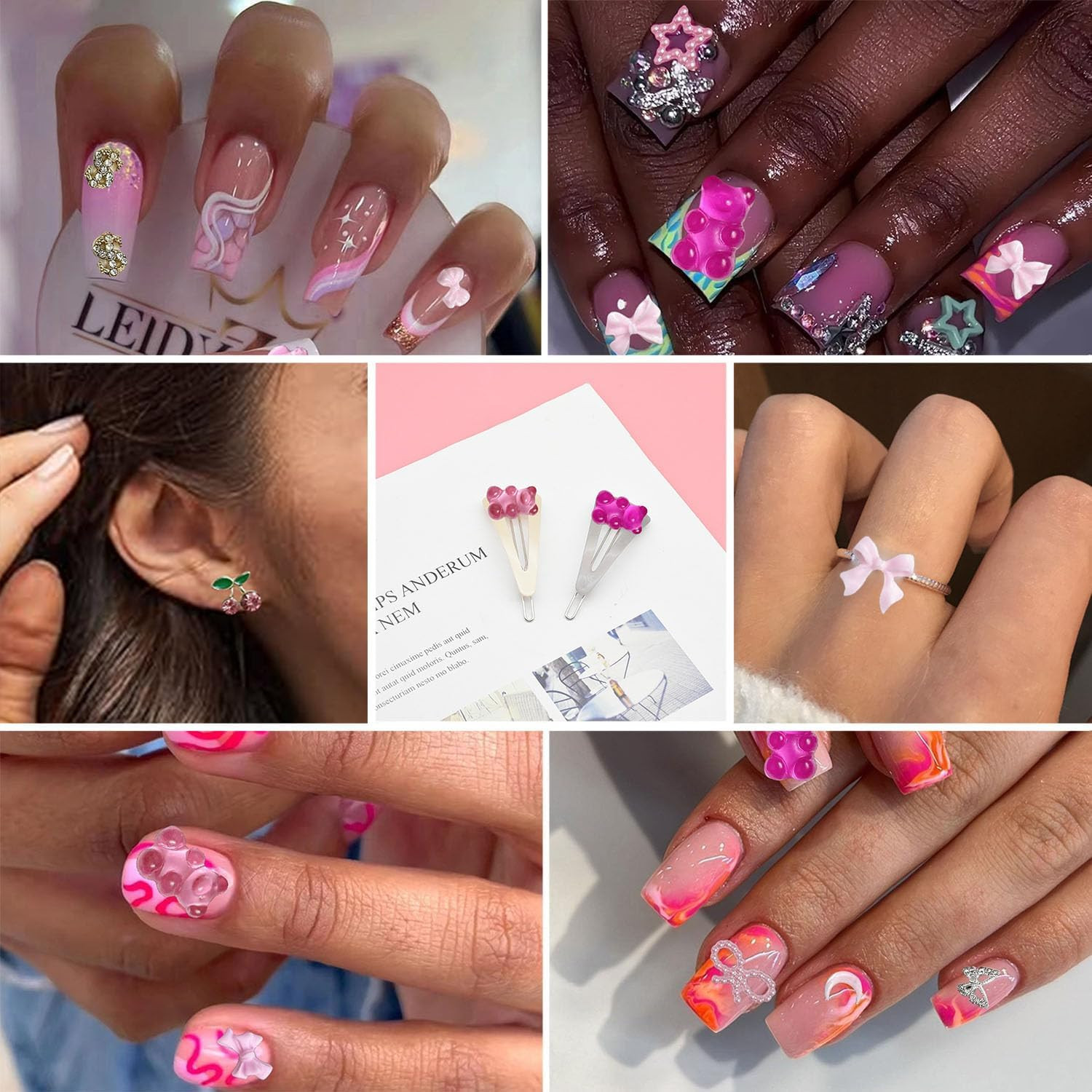 Gummy Candy Bear Valentines Nail Charms, Cute Pink Flower Bow 3D Nail Charms for