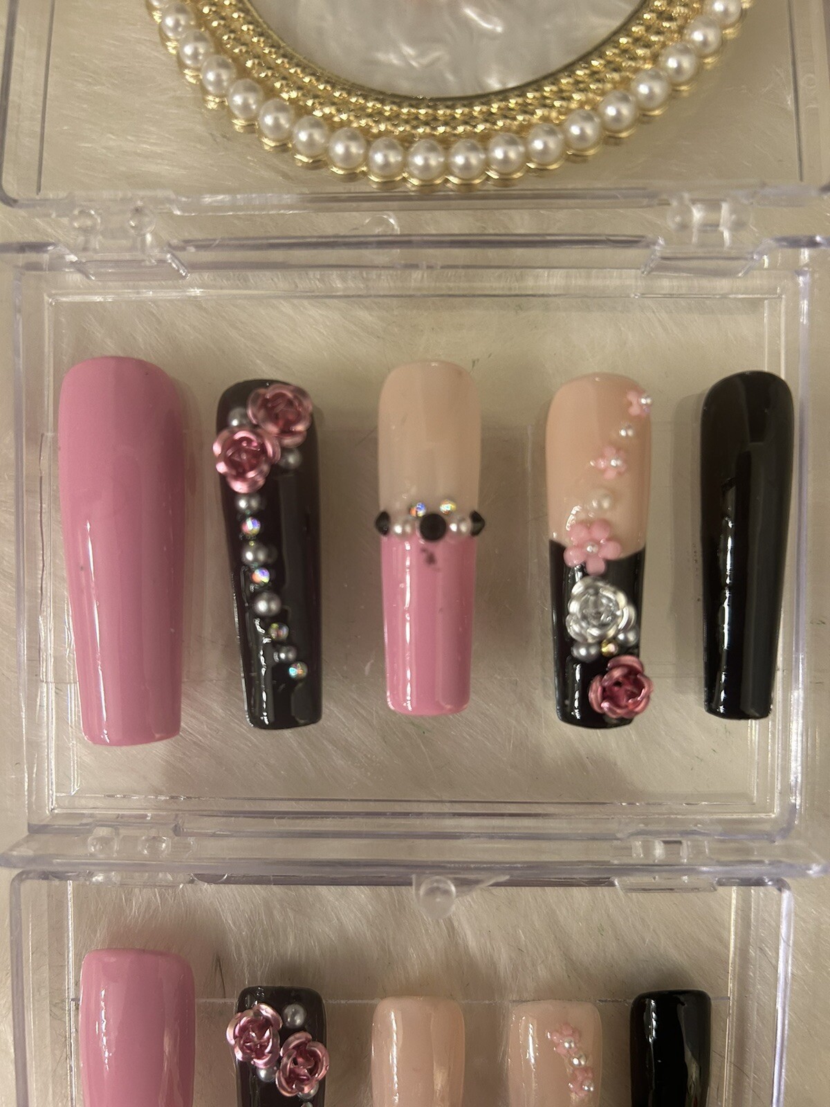 Z NAILZ! Gorgeous Handmade Pink/Nude/Black 2XL Coffin Shiny Bling Press On Nails
