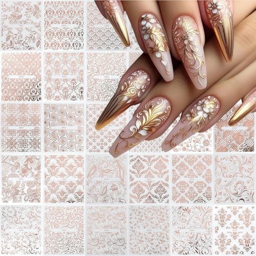 30 Sheets Nail Art Sticker 3D Self-Adhesive Hollow Rose Golden Lace Lace Flower