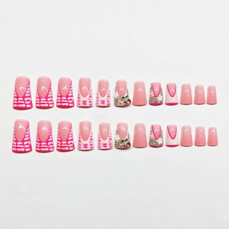 48pcs-Nude Pink Nails with White French Tips, Croc Print & Multicolor Crystals