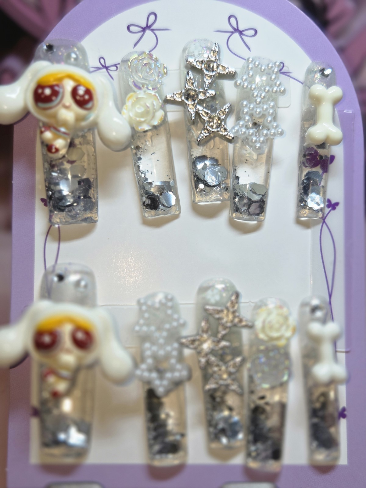Press On Nails Handmade Medium Silver, 10 Finger Water Aqua Nail, Large Charms