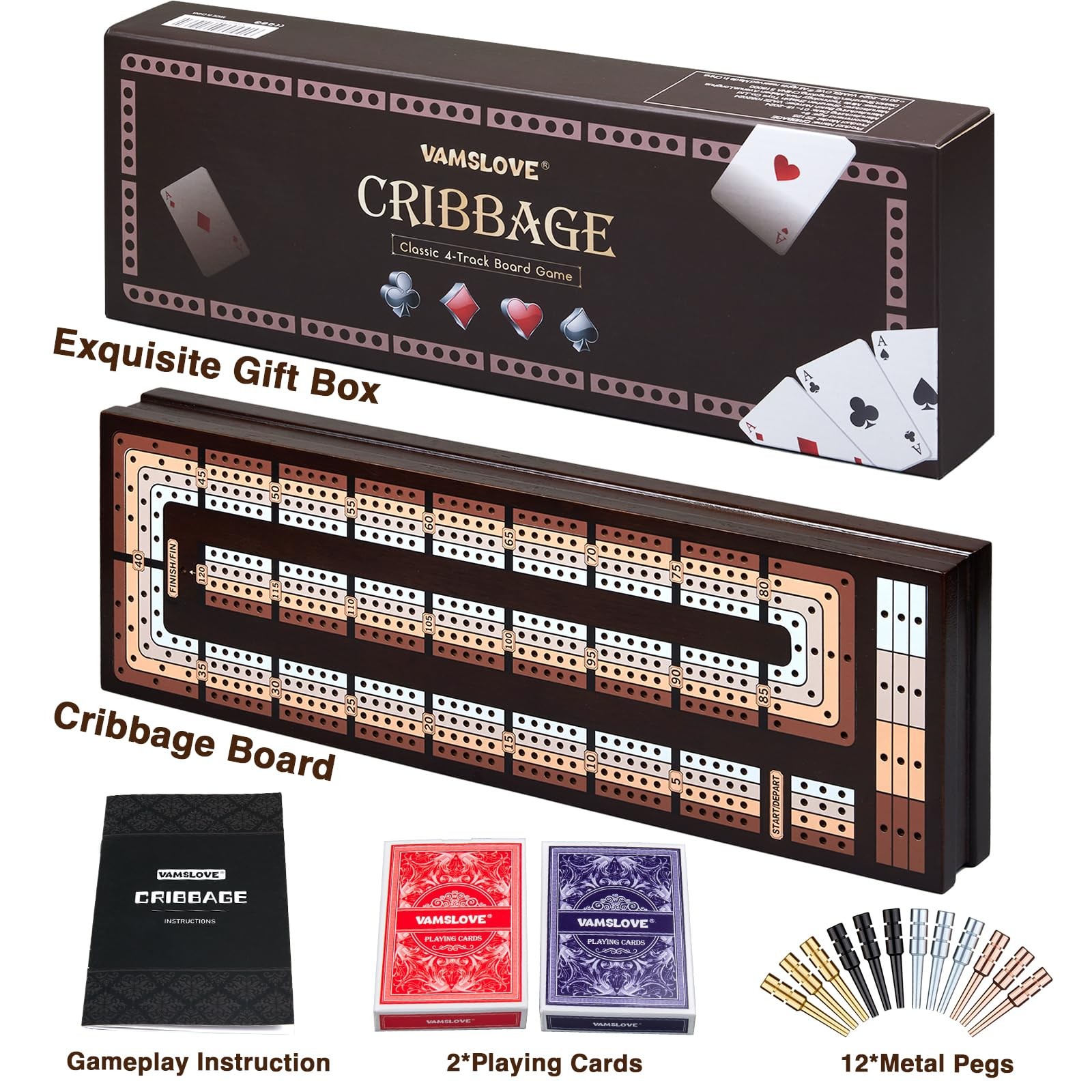 VAMSLOVE Upgraded Wooden 4-Track Cribbage Board Game Magnetic Large