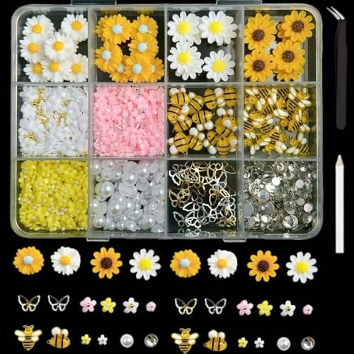 600PCS Nail Charms and Gems Gold Bee Yellow Flower for Nails yellow pink white