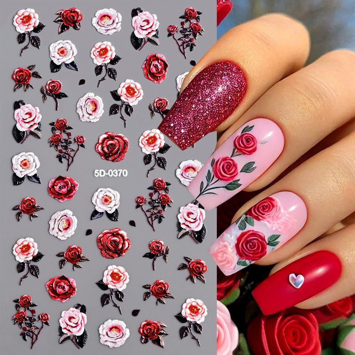 8 Sheets Summer Flower Nail Art Stickers Self-Adhesive Floral Nail Decals with R