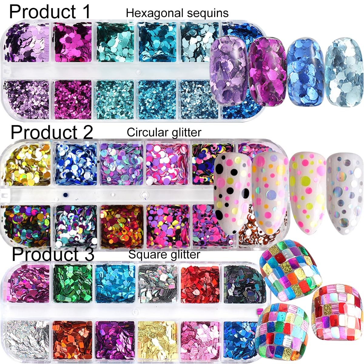 Holographic Nail Art Sequins, 3 Boxes 36 Grids