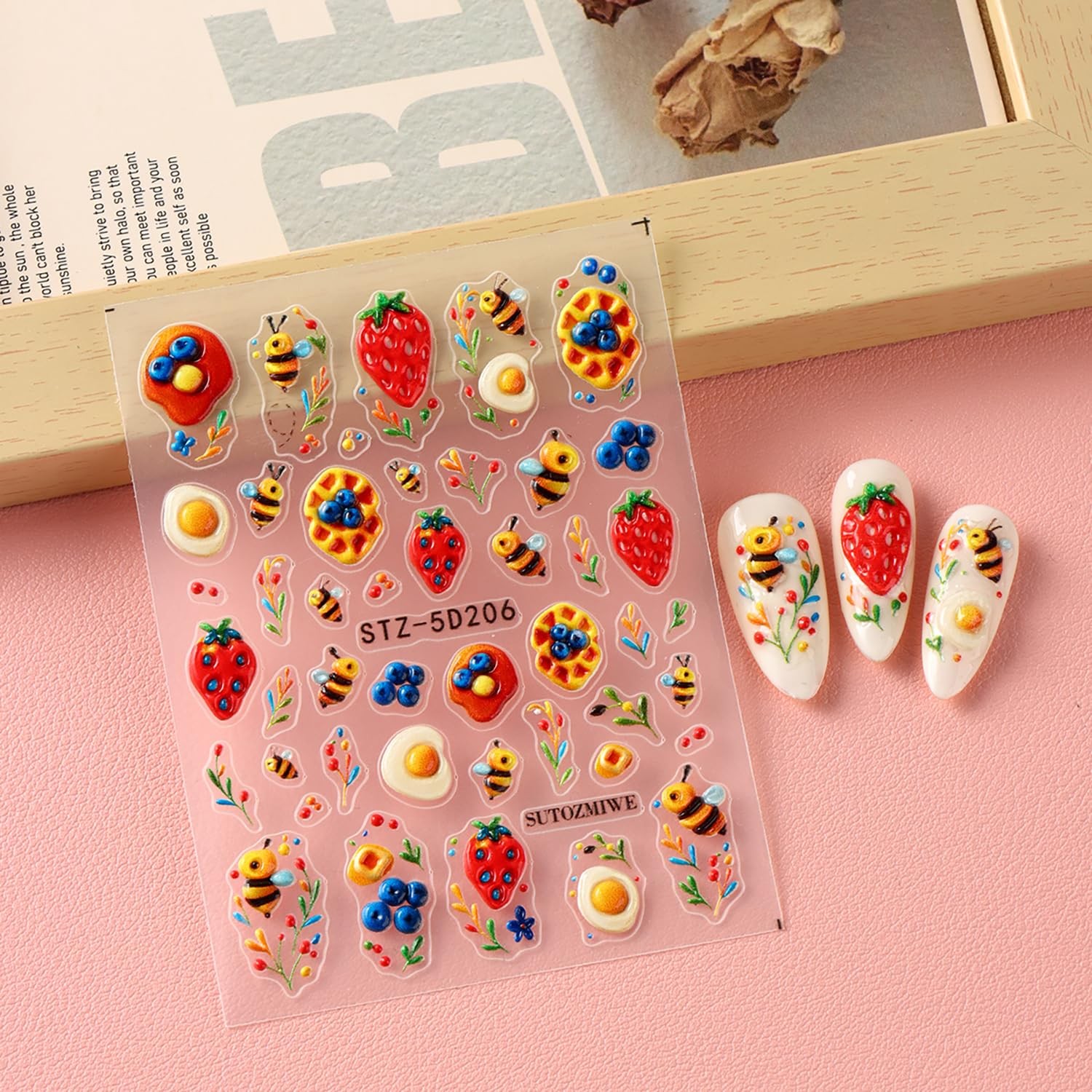 Bee Strawberry Nail Stickers 5D Embossed Cute Nail Art Stickers Self-Adhesive…