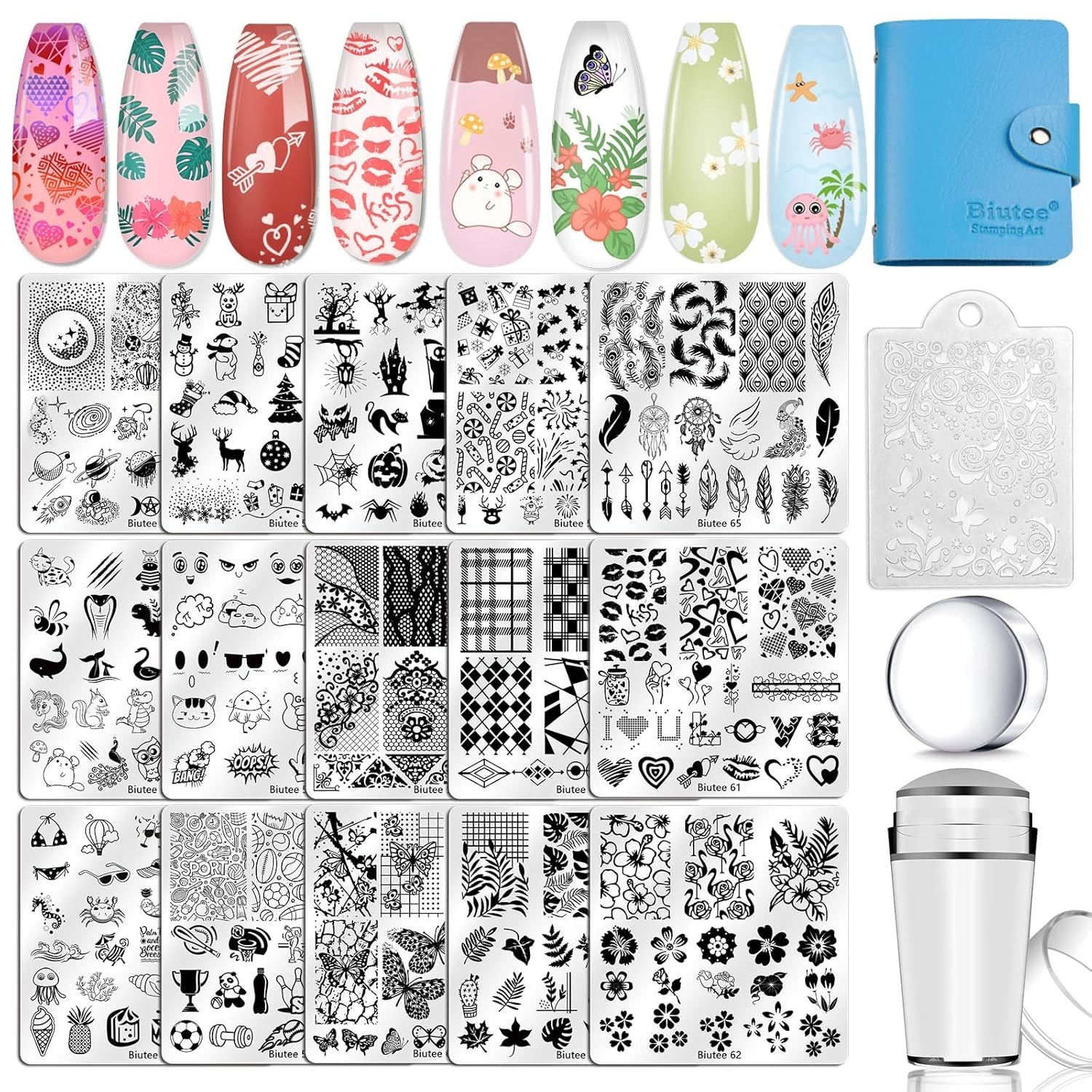 Nail Stamping Plates Set 15PCS Nail Art Stamper Scraper Nail Art Stamping Kit…