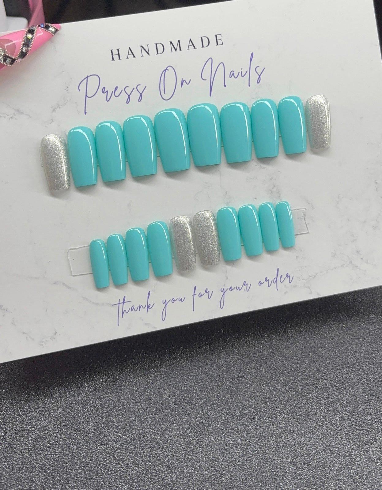 Medium square Press on nails silver glitter teal light blue handmade custom gel
