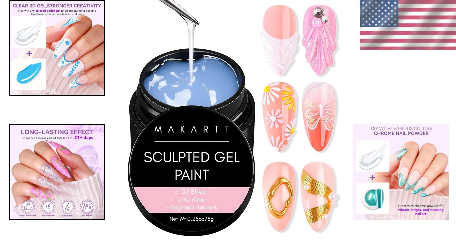 3D Gel Nail Art: Clear 3D Painting Gels for Chrome Powder, 3D Sculpting No Wi…