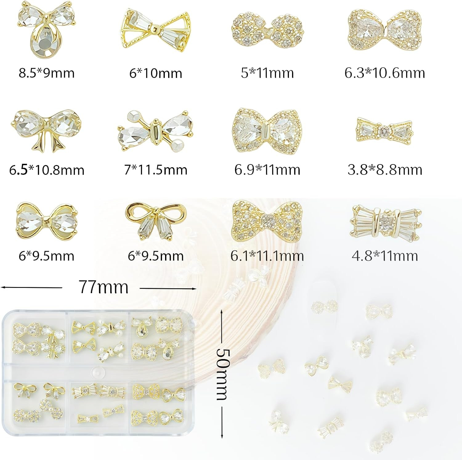 24 Pcs 3D Luxury Gold Nail Charms and Gems with Bows for Nail Art Decoration