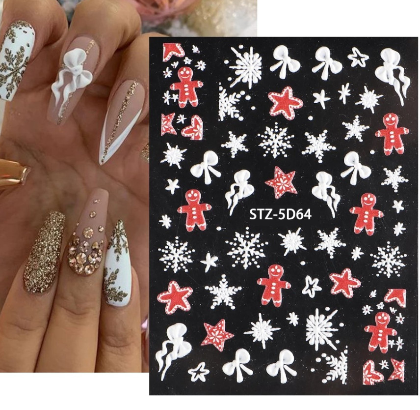 5D Embossed Christmas Snowflake Rose Flowers Nail Stickers Sliders Peel & Stick