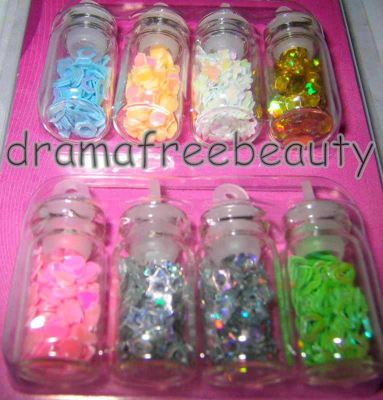 BN Donna Michelle NAIL ART 8 Mini Bottles *Holographic Stars, Hearts, Hexagons*