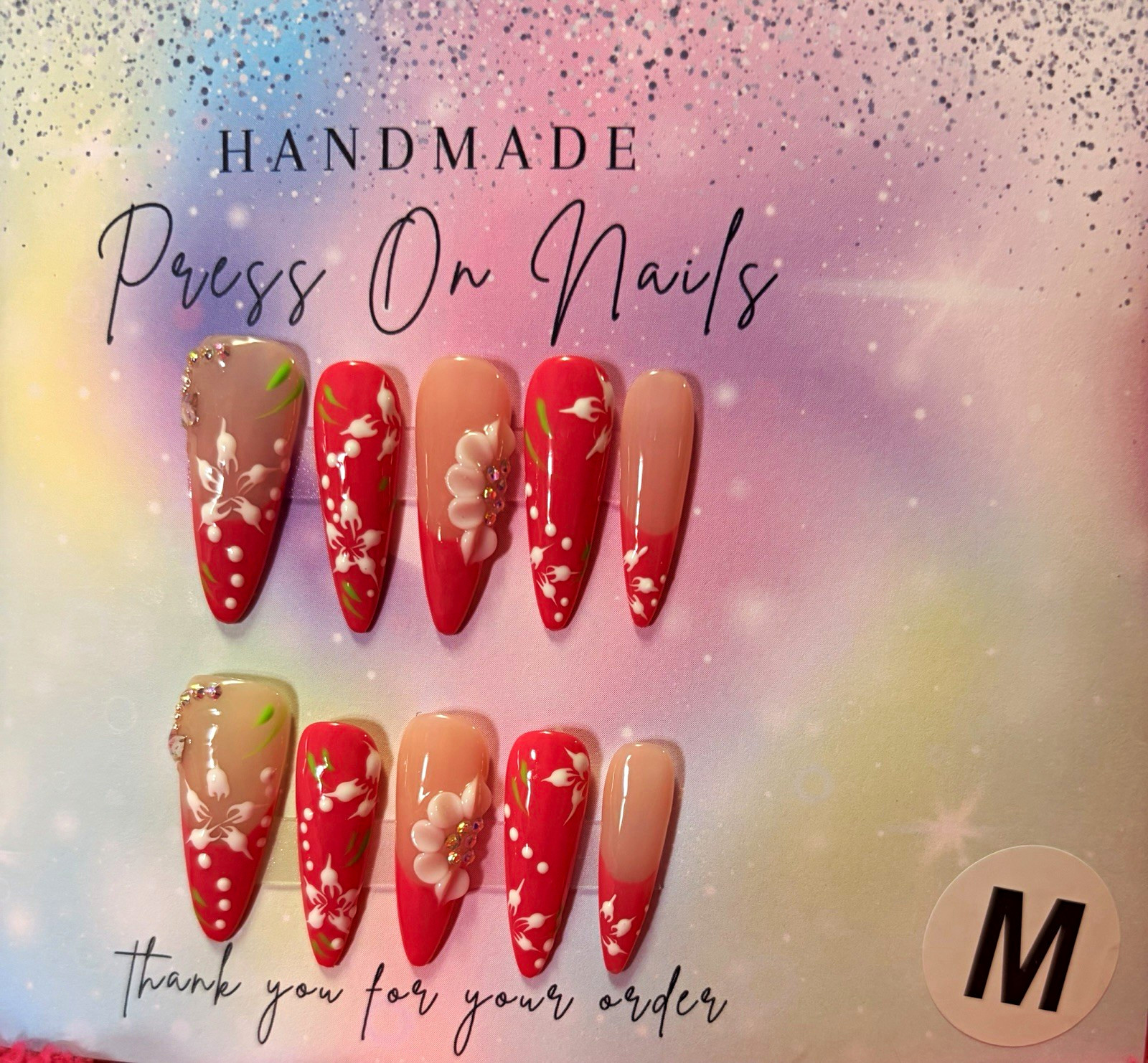 Handmade Red/Nude 3D Floral Coffin Press-On Nails Set, Long, Pre-Designed