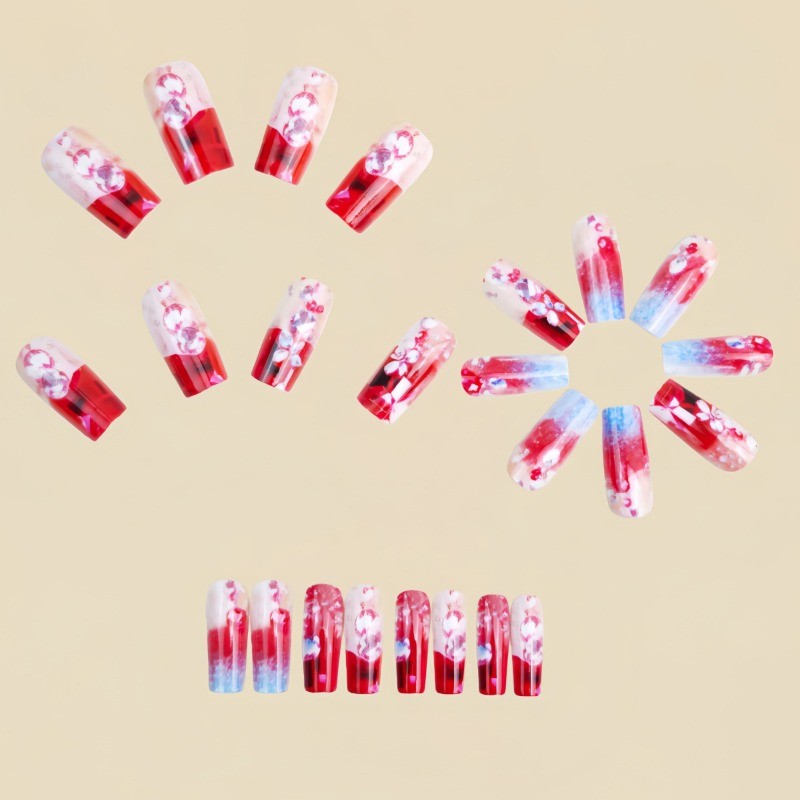 48PCS luxury pink purple gradient red diamond press in nail art, reusable nail