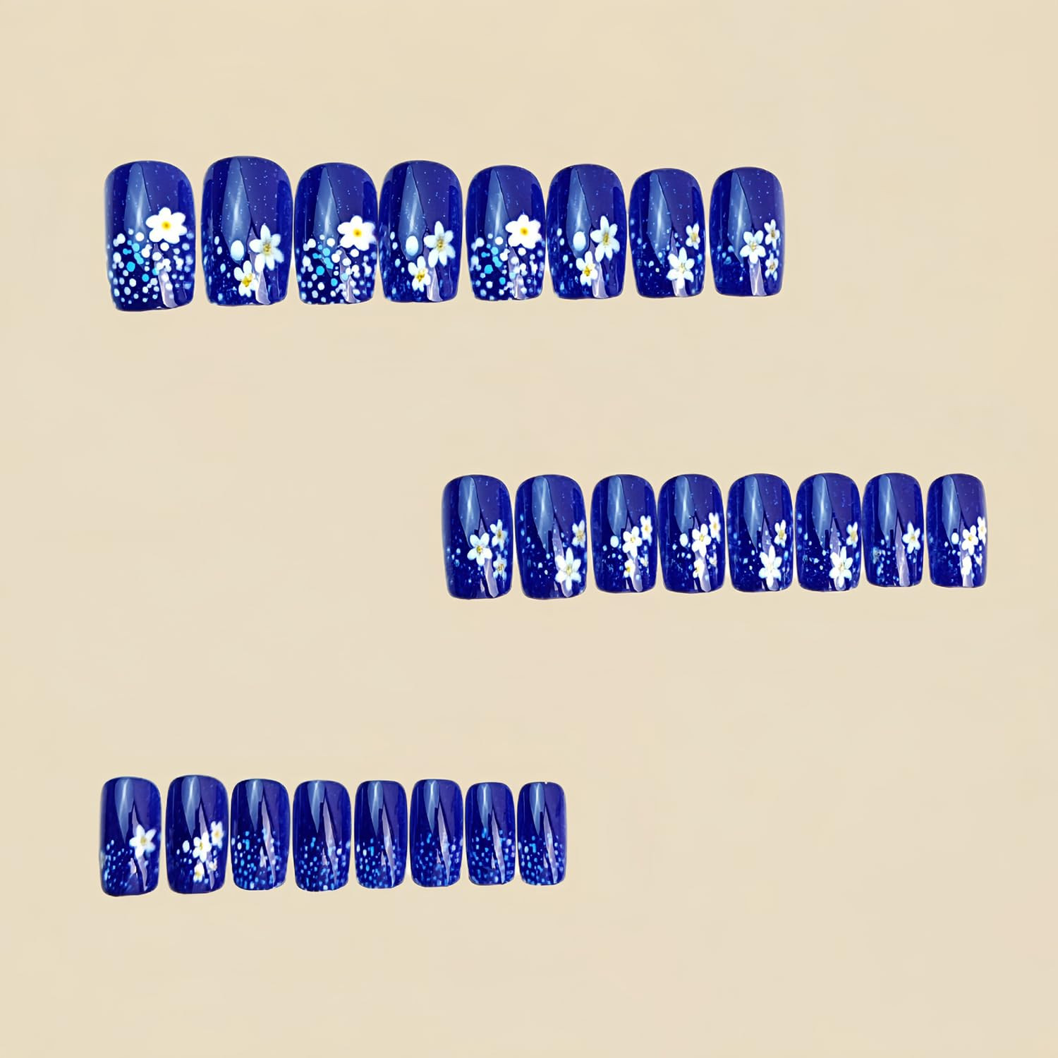 Blue Press on Nails Medium Square Fake Nails with White Flower Design Summer Spr