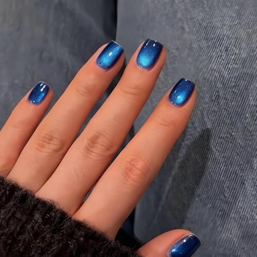 Royal Blue Cat Eye Press on Nails Short, 30 Pcs 15 Sizes glass royal blue