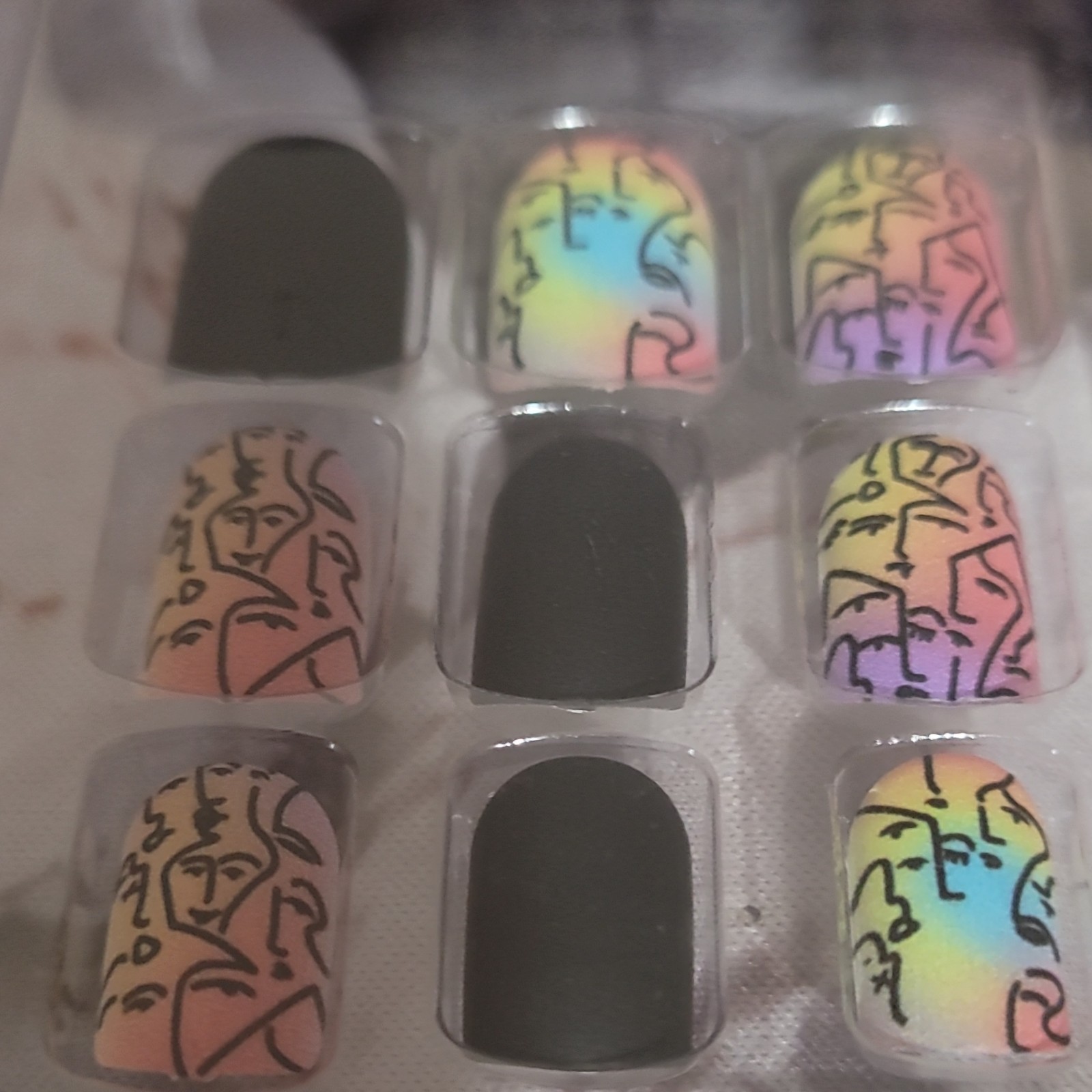 Pre-Designed Press-On Nails Short Square Matte Black Abstract Multicolor